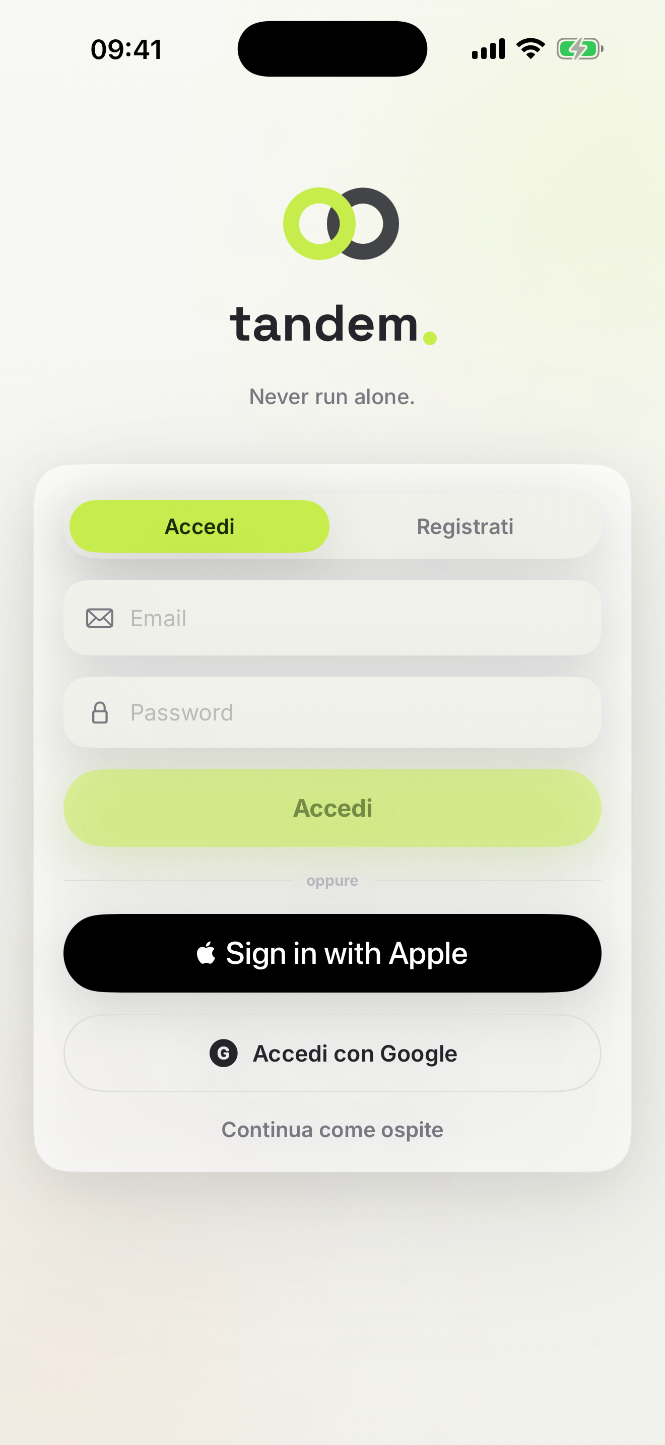 Schermata di accesso di Tandem con il claim Never run alone
