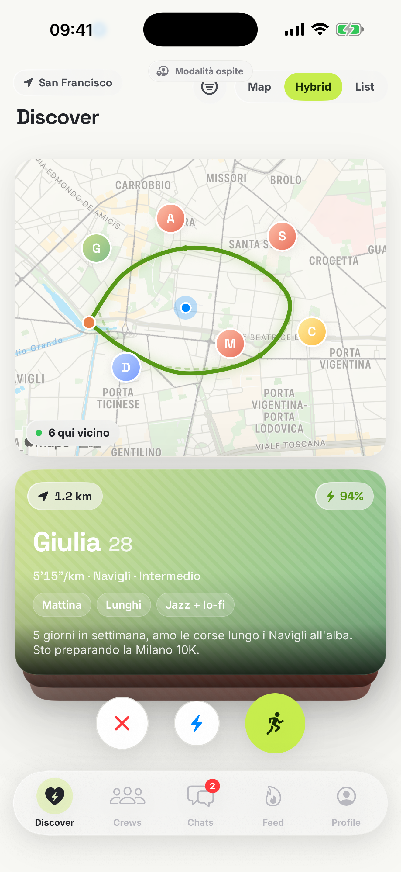 Schermata Scopri di Tandem: carte di runner compatibili nelle vicinanze con mappa