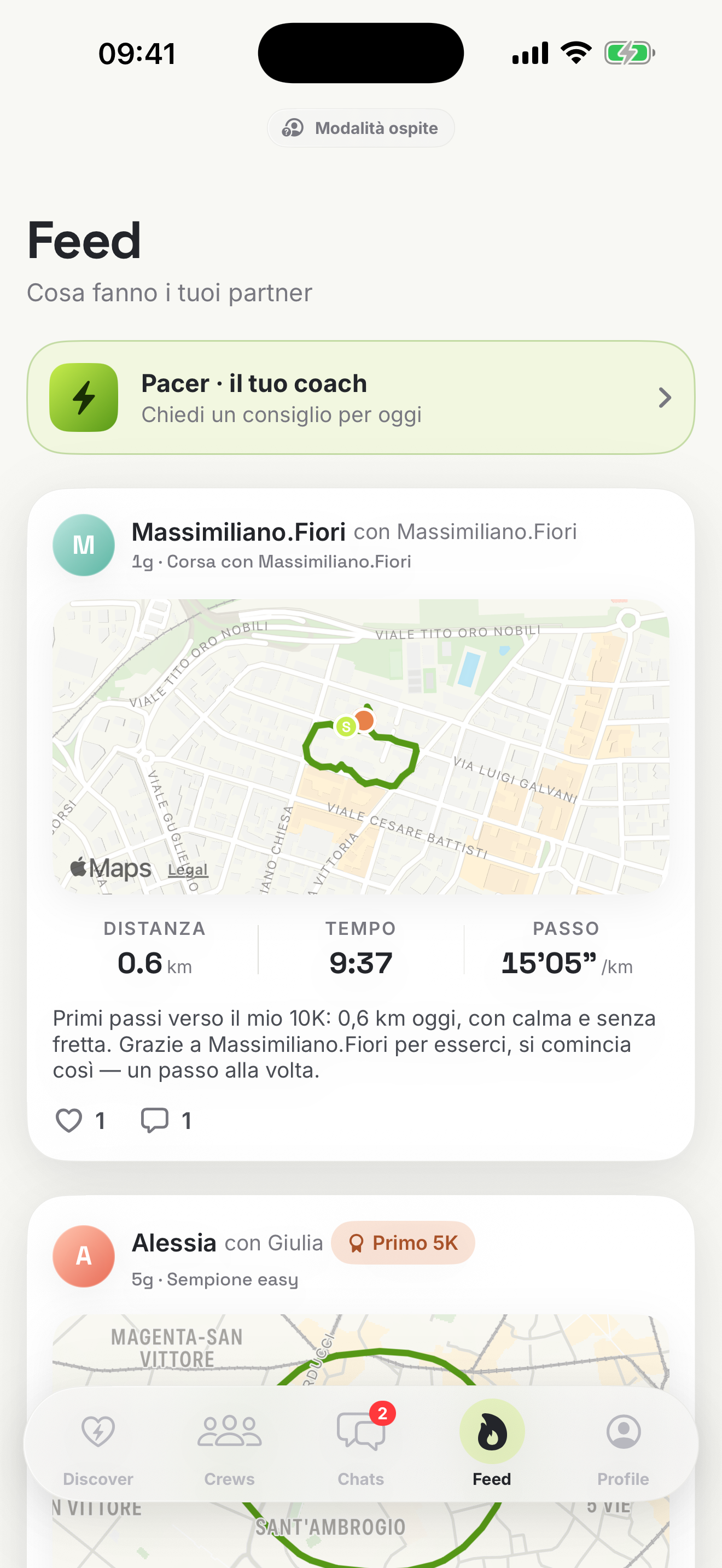 Feed di Tandem con post delle corse e banner di Pacer, il coach AI