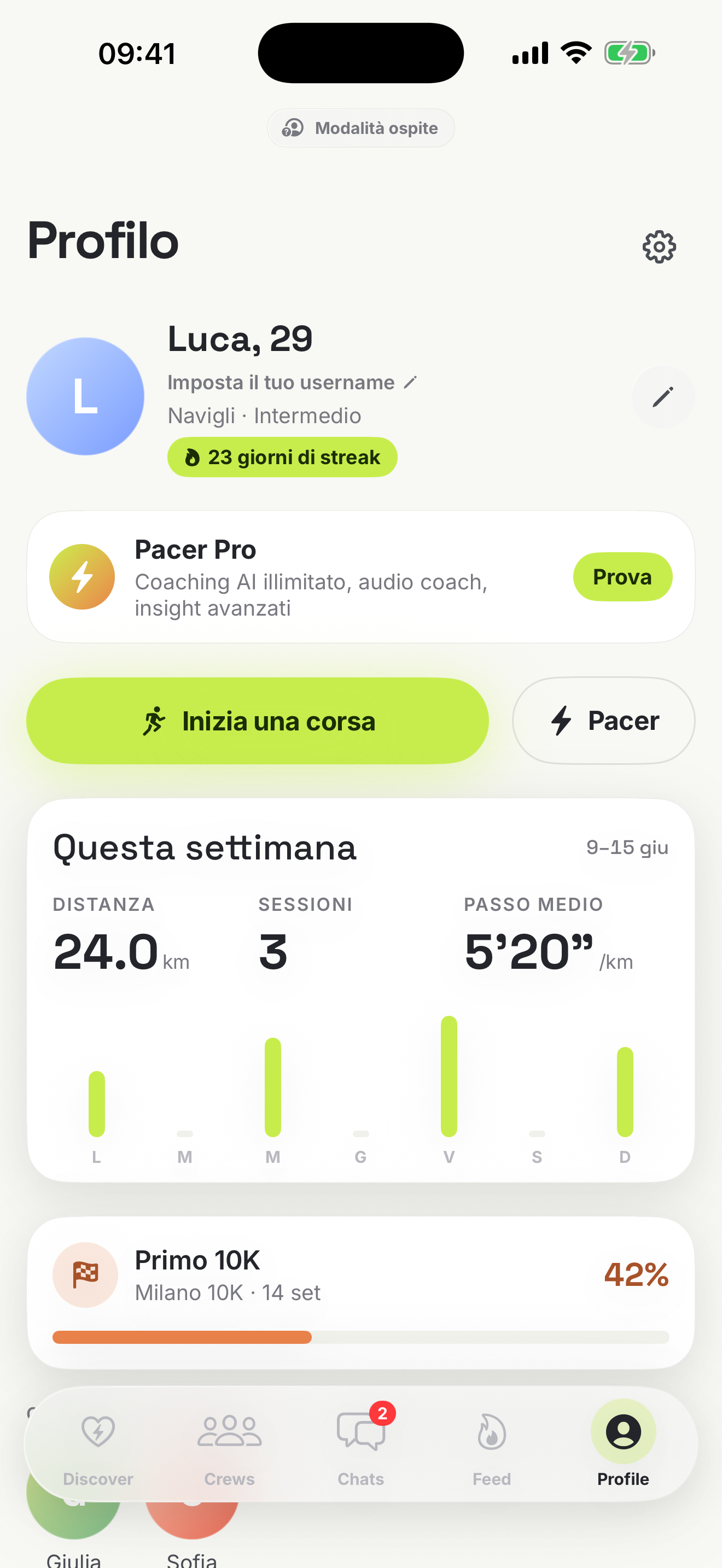Profilo Tandem con statistiche settimanali, streak e progresso verso l'obiettivo
